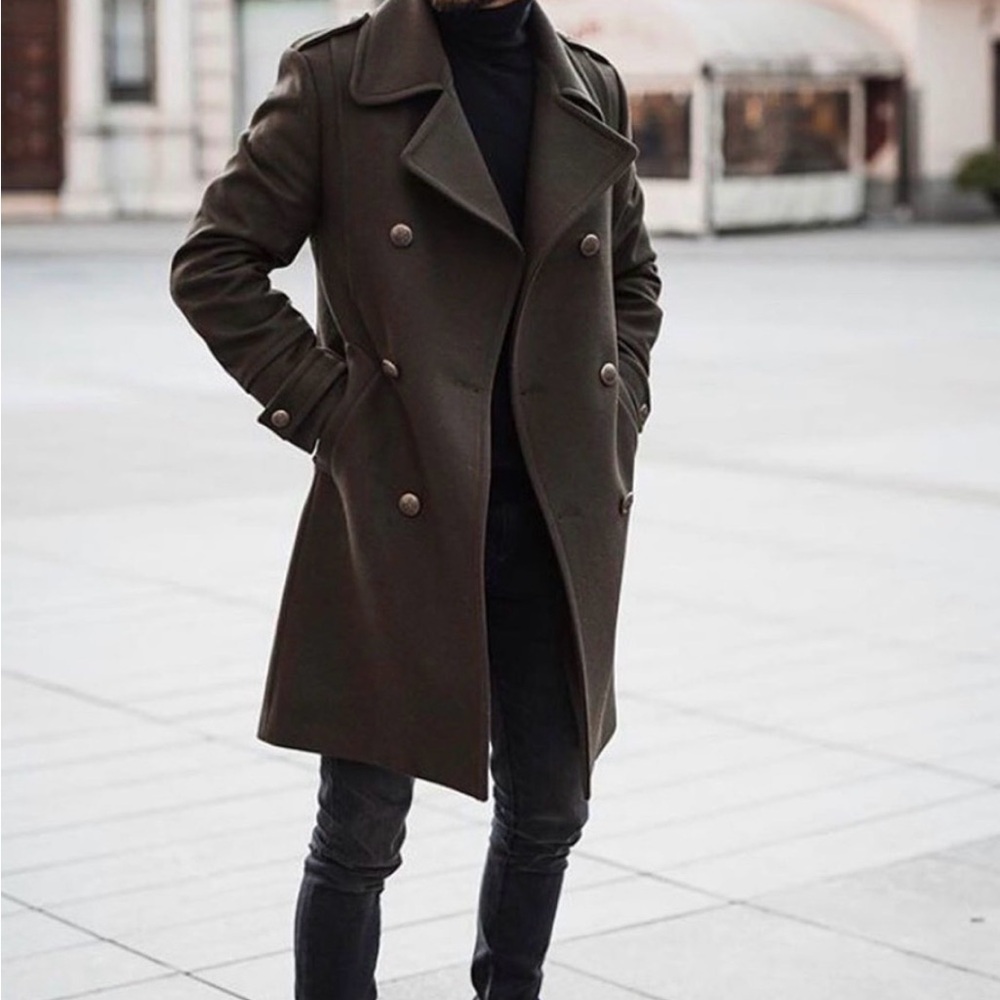 Zara Men's Double-Breasted Olive Green Pea Coat